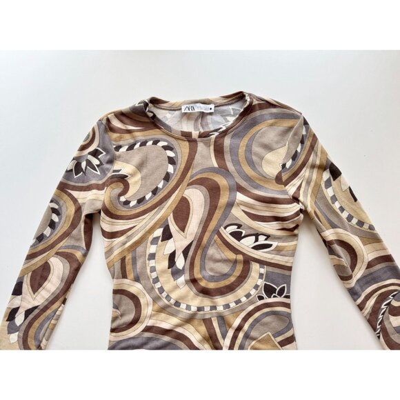 ZARA Beige Brown Graphic Print Knit Long Sleeve Bodycon Maxi Dress, Size M - Picture 7 of 15